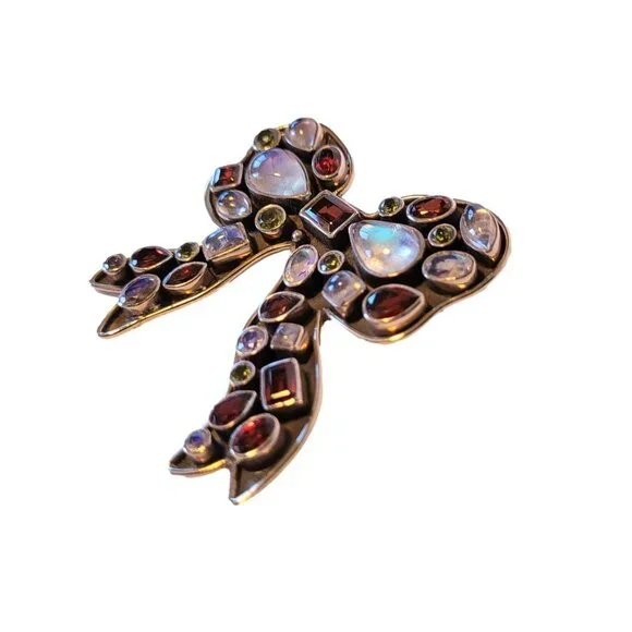 Nicky Butler Vintage Bow Brooch Garnet & Gemstone .925 Sterling Silver Rare